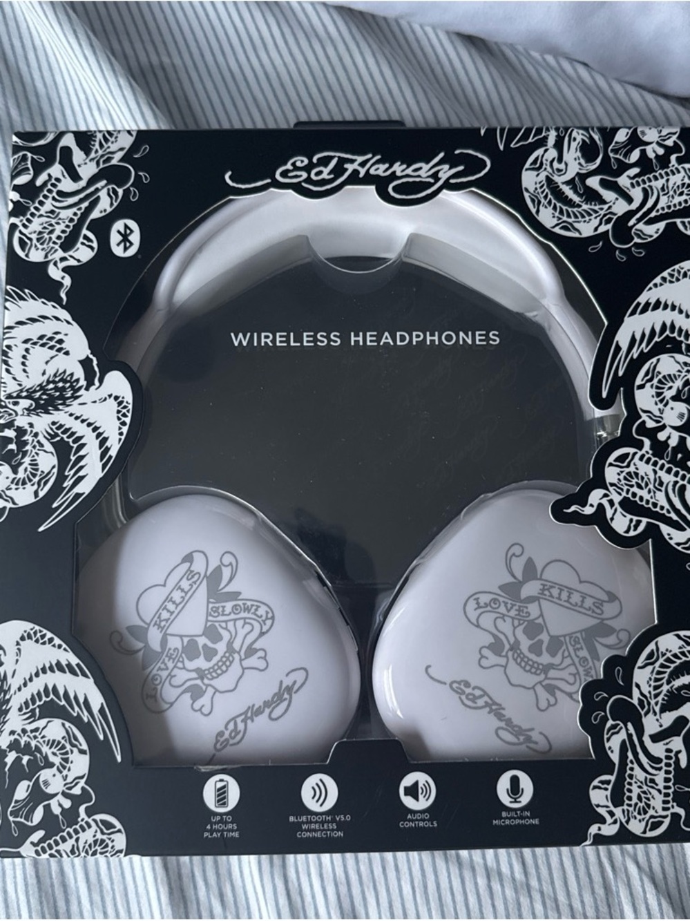 Ed Hardy White Wireless Bluetooth Headphones with Tattoo Skull Graphic